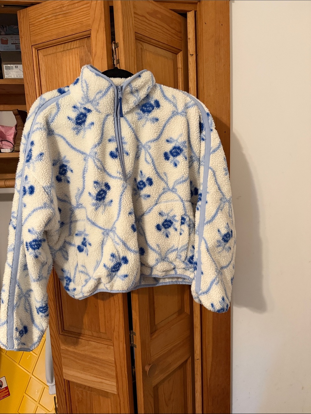 Old Navy White Sherpa Jacket with Blue Floral Print